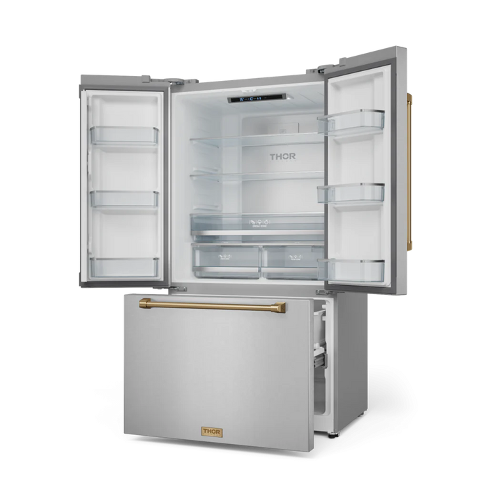 Gordon Ramsay by THOR Kitchen Package - 36" Gas Range, 36" Refrigerator with Ice Maker and Dishwasher in Stainless Steel with Bronze Accents, AP-RSG36-BRZ-2