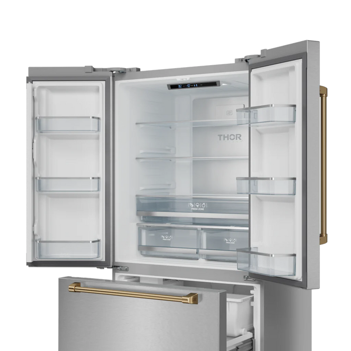 Gordon Ramsay by THOR Kitchen 36" 20.3 cu. ft. French Door Counter Depth Refrigerator with Ice Maker in Stainless Steel with Bronze Accents, RF3621CTD99-BRZ