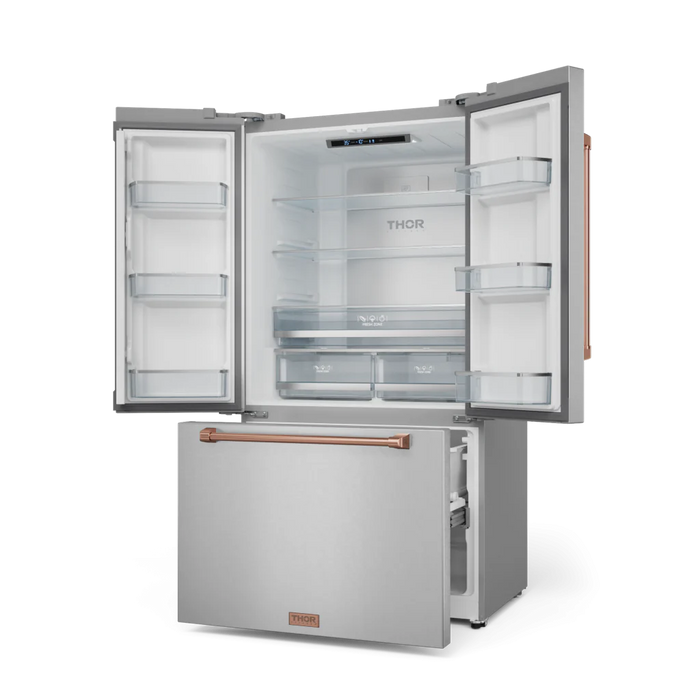 Gordon Ramsay by THOR Kitchen 36" 20.3 cu. ft. French Door Counter Depth Refrigerator with Ice Maker in Stainless Steel with Rose Gold Accents, RF3621CTD99-RSG