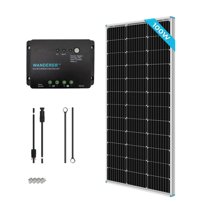 Renogy 100W 12V Monocrystalline Solar Starter Kit w/Wanderer 30A Charge Controller