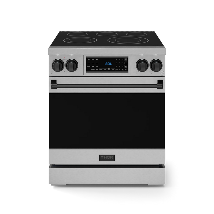 Gordon Ramsay by THOR Kitchen Package - 30" Electric Range, 30" Refrigerator with Ice Maker and Dishwasher in Stainless Steel with Black Accents, AP-RSE30-BLK-1