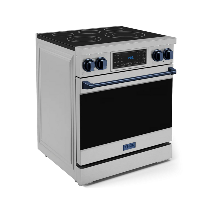 Gordon Ramsay by THOR Kitchen Package - 30" Electric Range, 36" Refrigerator with Ice Maker and Dishwasher in Stainless Steel with Navy Blue Accents, AP-RSE30-BLU-2