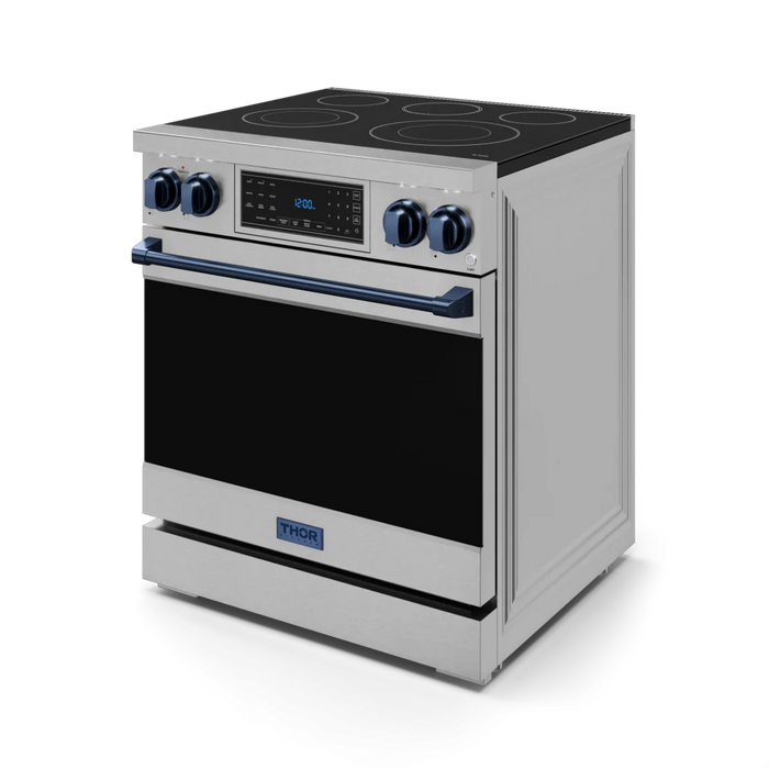 Gordon Ramsay by THOR Kitchen Package - 30" Electric Range, 30" Refrigerator with Ice Maker and Dishwasher in Stainless Steel with Navy Blue Accents, AP-RSE30-BLU-1