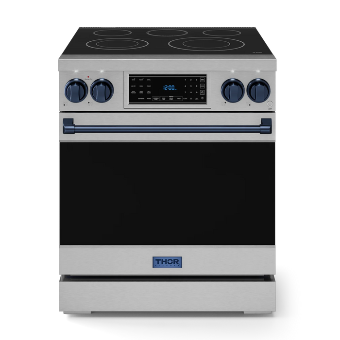 Gordon Ramsay by THOR Kitchen Package - 30" Electric Range, 30" Refrigerator with Ice Maker and Dishwasher in Stainless Steel with Navy Blue Accents, AP-RSE30-BLU-1
