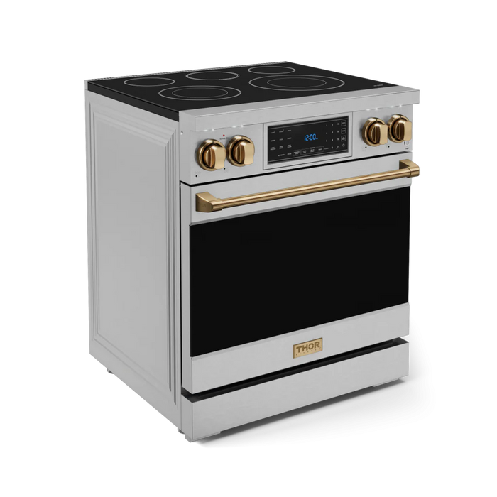 Gordon Ramsay by THOR Kitchen Package - 30" Electric Range, 30" Refrigerator with Ice Maker and Dishwasher in Stainless Steel with Bronze Accents, AP-RSE30-BRZ-1