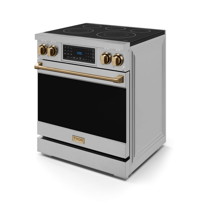 Gordon Ramsay by THOR Kitchen Package - 30" Electric Range, 30" Refrigerator with Ice Maker and Dishwasher in Stainless Steel with Bronze Accents, AP-RSE30-BRZ-1
