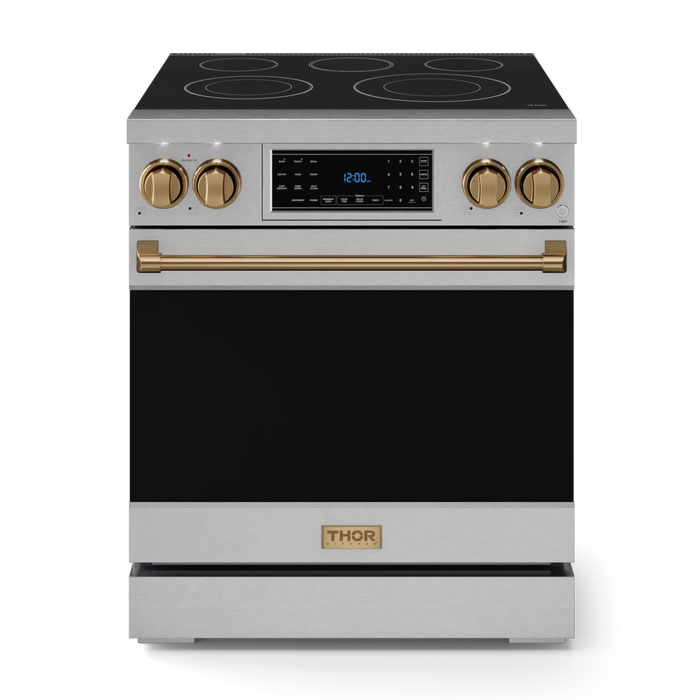 Gordon Ramsay by THOR Kitchen Package - 30" Electric Range, 30" Refrigerator with Ice Maker and Dishwasher in Stainless Steel with Bronze Accents, AP-RSE30-BRZ-1