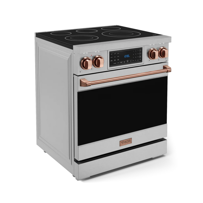 Gordon Ramsay by THOR Kitchen Package - 30" Electric Range, 30" Refrigerator with Ice Maker and Dishwasher in Stainless Steel with Rose Gold Accents, AP-RSE30-RSG-1