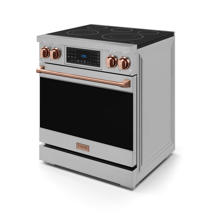 Gordon Ramsay by THOR Kitchen Package - 30" Electric Range, 30" Refrigerator with Ice Maker and Dishwasher in Stainless Steel with Rose Gold Accents, AP-RSE30-RSG-1