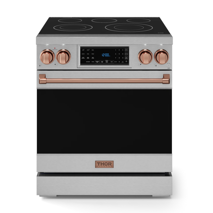 Gordon Ramsay by THOR Kitchen Package - 30" Electric Range, 30" Refrigerator with Ice Maker and Dishwasher in Stainless Steel with Rose Gold Accents, AP-RSE30-RSG-1