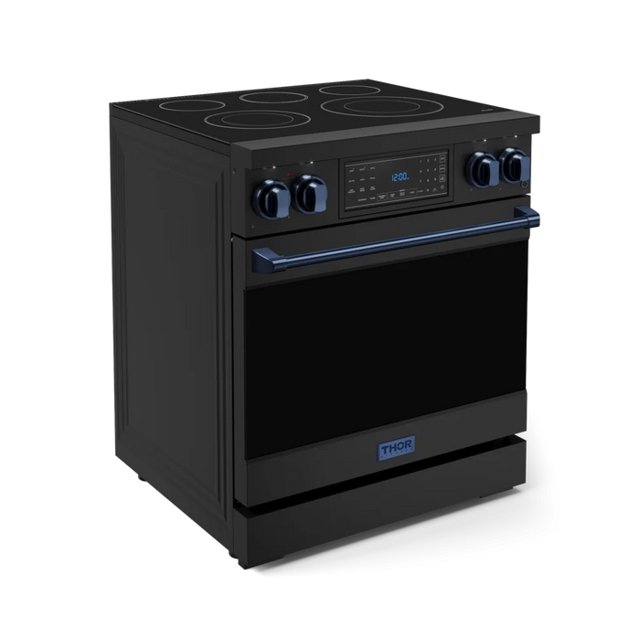 Gordon Ramsay by THOR Kitchen Package - 30" Electric Range, 30" Refrigerator with Ice Maker and Dishwasher in Black Matte with Navy Blue Accents, AP-RSE30B-BLU-1