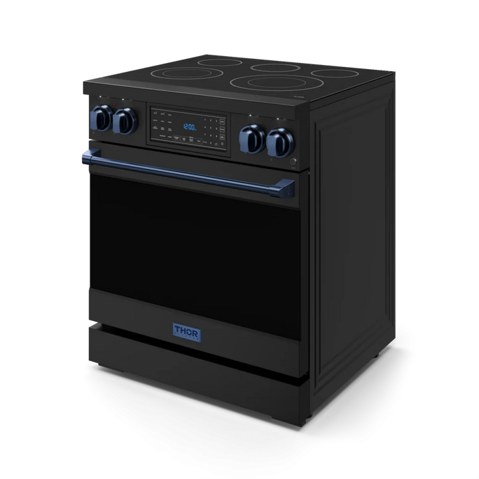 Gordon Ramsay by THOR Kitchen Package - 30" Electric Range, 30" Refrigerator with Ice Maker and Dishwasher in Black Matte with Navy Blue Accents, AP-RSE30B-BLU-1