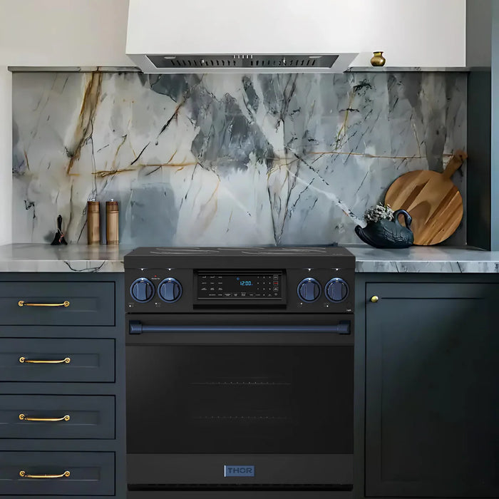 Gordon Ramsay by THOR Kitchen Package - 30" Electric Range, 30" Refrigerator with Ice Maker and Dishwasher in Black Matte with Navy Blue Accents, AP-RSE30B-BLU-1