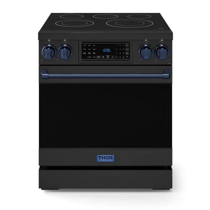 Gordon Ramsay by THOR Kitchen Package - 30" Electric Range, 30" Refrigerator with Ice Maker and Dishwasher in Black Matte with Navy Blue Accents, AP-RSE30B-BLU-1