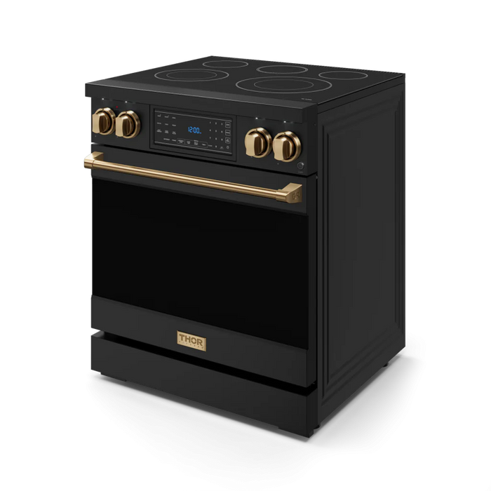 Gordon Ramsay by THOR Kitchen Package - 30" Electric Range, 30" Refrigerator with Ice Maker and Dishwasher in Black Matte with Bronze Accents, AP-RSE30B-BRZ-1