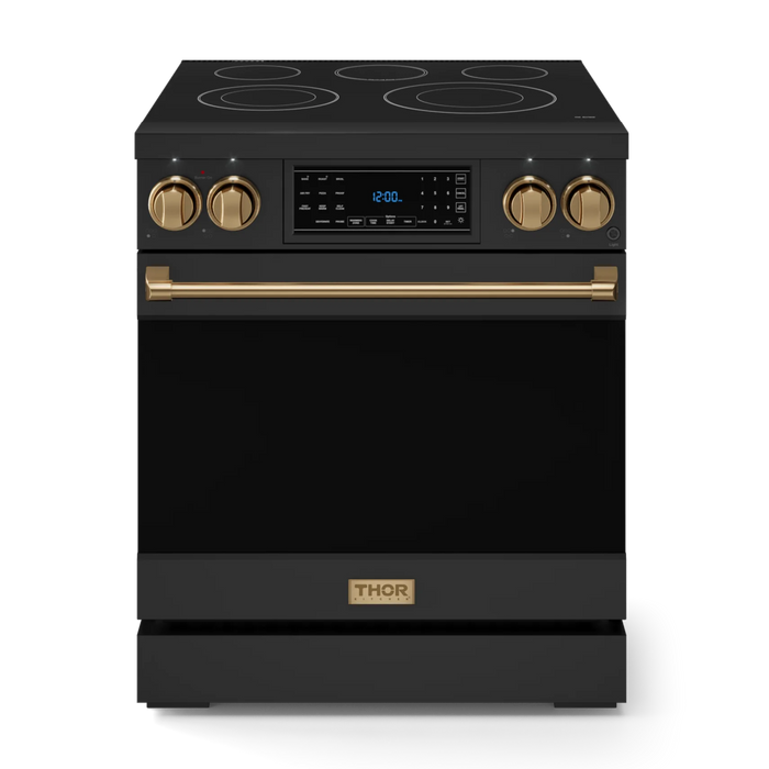 Gordon Ramsay by THOR Kitchen Package - 30" Electric Range, 36" Refrigerator with Ice Maker and Dishwasher in Black Matte with Bronze Accents, AP-RSE30B-BRZ-2