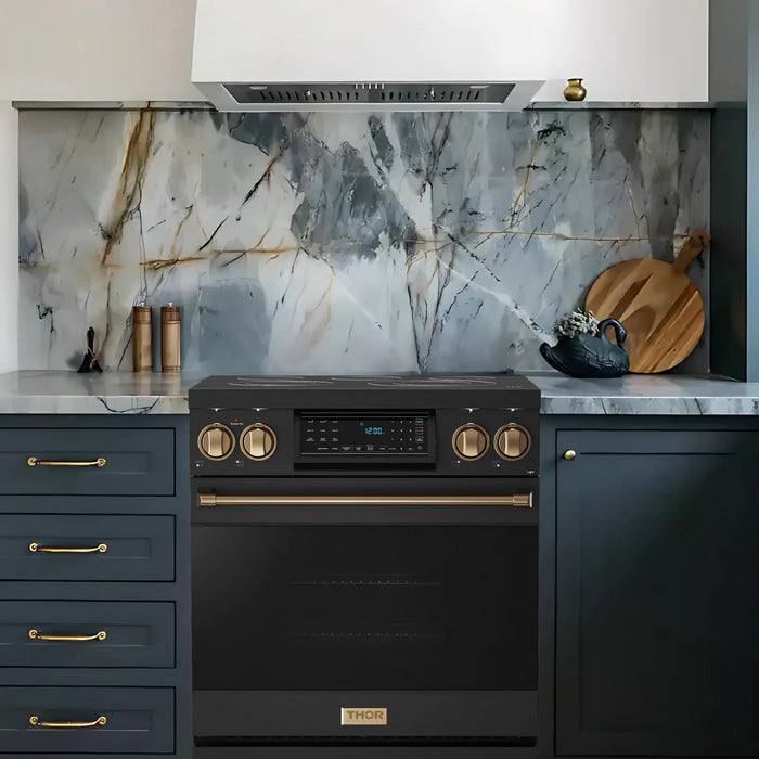 Gordon Ramsay by THOR Kitchen Package - 30" Electric Range, 36" Refrigerator with Ice Maker and Dishwasher in Black Matte with Bronze Accents, AP-RSE30B-BRZ-2
