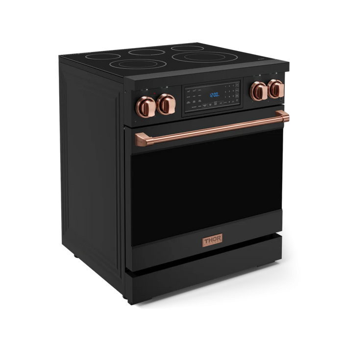 Gordon Ramsay by THOR Kitchen Package - 30" Electric Range, 30" Refrigerator with Ice Maker and Dishwasher in Black Matte with Rose Gold Accents, AP-RSE30B-RSG-1
