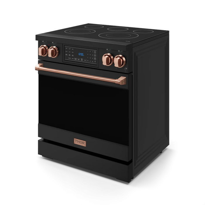 Gordon Ramsay by THOR Kitchen Package - 30" Electric Range, 36" Refrigerator with Ice Maker and Dishwasher in Black Matte with Rose Gold Accents, AP-RSE30B-RSG-2