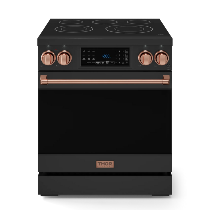 Gordon Ramsay by THOR Kitchen Package - 30" Electric Range, 36" Refrigerator with Ice Maker and Dishwasher in Black Matte with Rose Gold Accents, AP-RSE30B-RSG-2