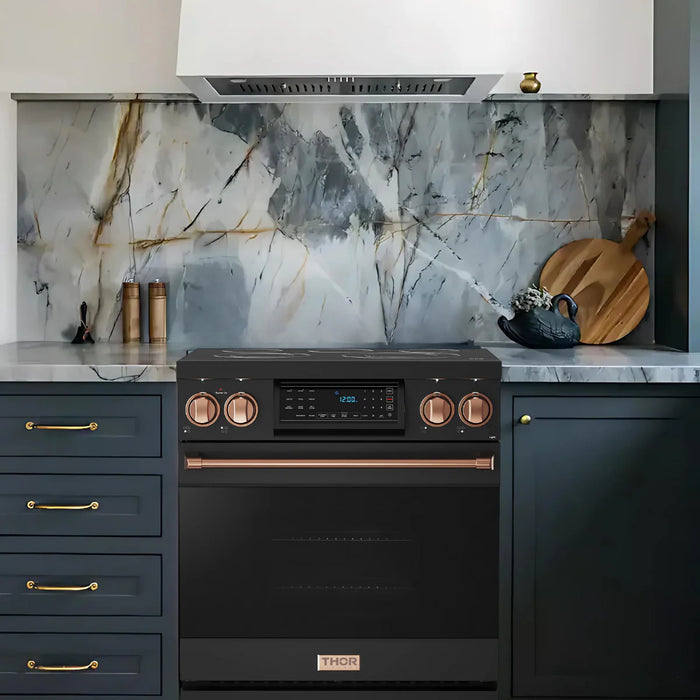 Gordon Ramsay by THOR Kitchen Package - 30" Electric Range, 30" Refrigerator with Ice Maker and Dishwasher in Black Matte with Rose Gold Accents, AP-RSE30B-RSG-1