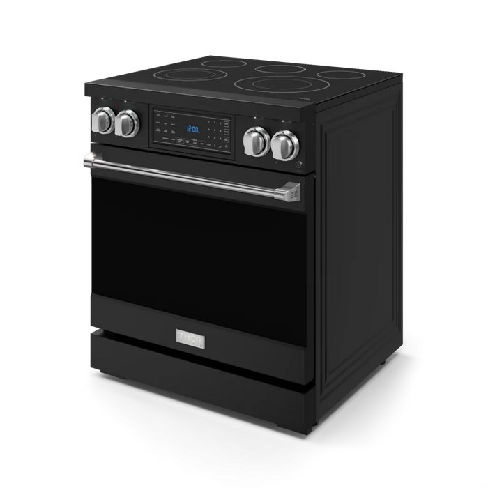 Gordon Ramsay by THOR Kitchen Package - 30" Electric Range, 30" Refrigerator with Ice Maker and Dishwasher in Black Matte with Stainless Steel Accents, AP-RSE30B-SS-1