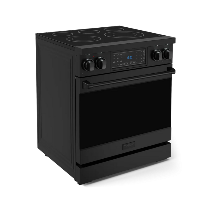 Gordon Ramsay by THOR Kitchen Package - 30" Electric Range, 30" Refrigerator with Ice Maker and Dishwasher in Black Matte with Black Accents, AP-RSE30B-1