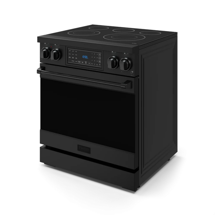 Gordon Ramsay by THOR Kitchen Package - 30" Electric Range, 30" Refrigerator with Ice Maker and Dishwasher in Black Matte with Black Accents, AP-RSE30B-1