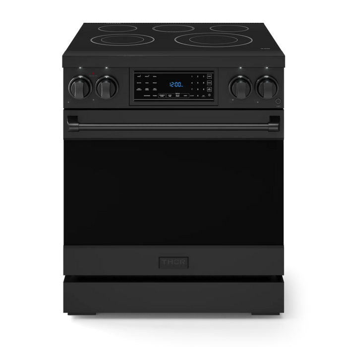 Gordon Ramsay by THOR Kitchen Package - 30" Electric Range, 30" Refrigerator with Ice Maker and Dishwasher in Black Matte with Black Accents, AP-RSE30B-1