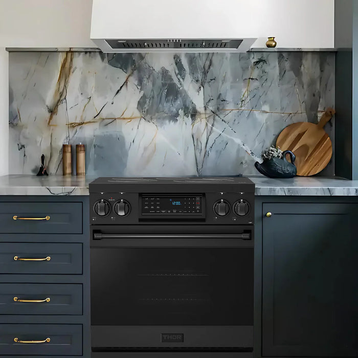 Gordon Ramsay by THOR Kitchen Package - 30" Electric Range, 36" Refrigerator with Ice Maker and Dishwasher in Black Matte with Black Accents, AP-RSE30B-2