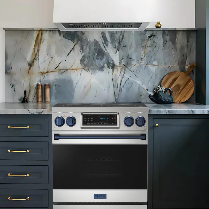Gordon Ramsay by THOR Kitchen Package - 30" Electric Range, 30" Refrigerator with Ice Maker and Dishwasher in Stainless Steel with Navy Blue Accents, AP-RSE30-BLU-1