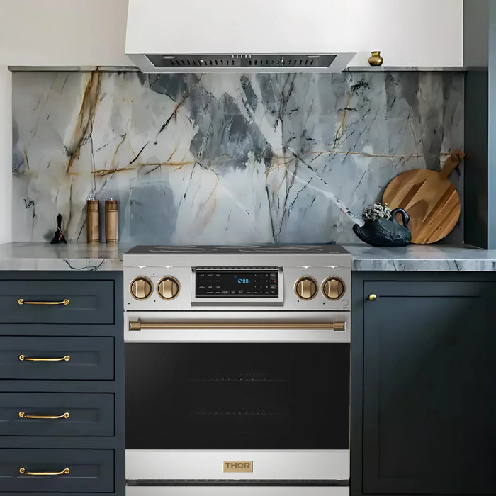 Gordon Ramsay by THOR Kitchen Package - 30" Electric Range, 30" Refrigerator with Ice Maker and Dishwasher in Stainless Steel with Bronze Accents, AP-RSE30-BRZ-1