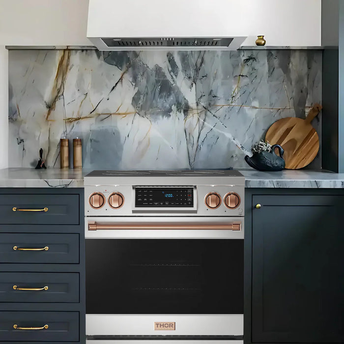 Gordon Ramsay by THOR Kitchen Package - 30" Electric Range, 30" Refrigerator with Ice Maker and Dishwasher in Stainless Steel with Rose Gold Accents, AP-RSE30-RSG-1