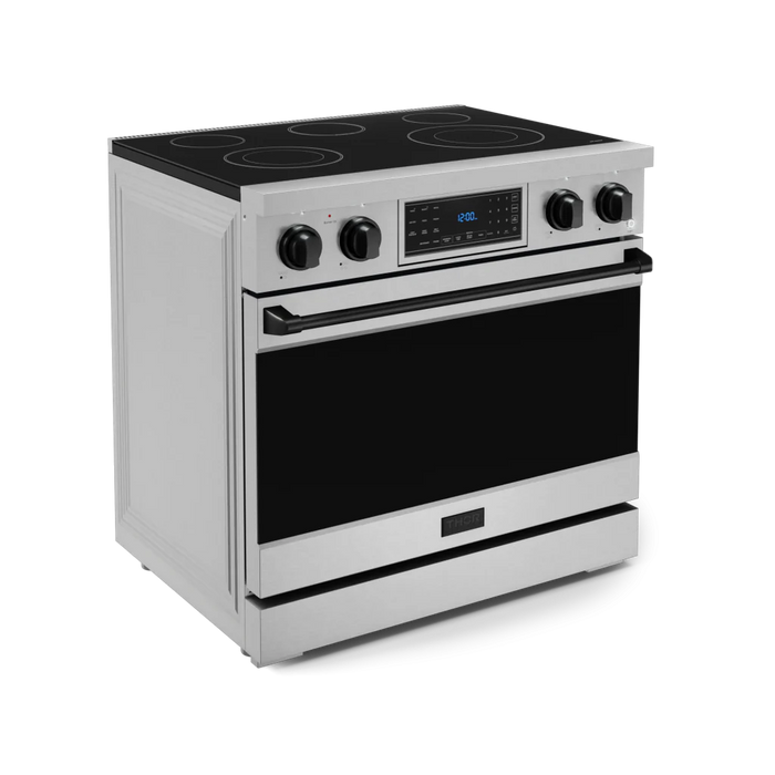 Gordon Ramsay by THOR Kitchen Package - 36" Electric Range, 36" Refrigerator with Ice Maker and Dishwasher in Stainless Steel with Black Accents, AP-RSE36-BLK-2