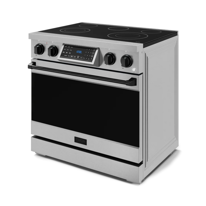 Gordon Ramsay by THOR Kitchen Package - 36" Electric Range, 36" Refrigerator with Ice Maker and Dishwasher in Stainless Steel with Black Accents, AP-RSE36-BLK-2