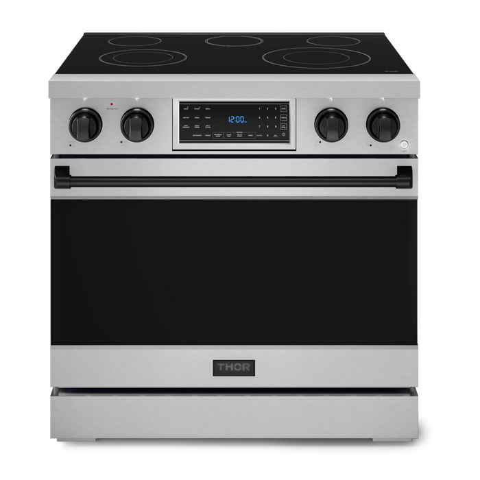 Gordon Ramsay by THOR Kitchen Package - 36" Electric Range, 30" Refrigerator with Ice Maker and Dishwasher in Stainless Steel with Black Accents, AP-RSE36-BLK-1