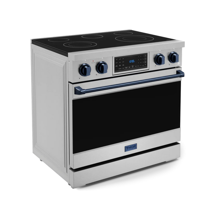 Gordon Ramsay by THOR Kitchen Package - 36" Electric Range, 36" Refrigerator with Ice Maker and Dishwasher in Stainless Steel with Navy Blue Accents, AP-RSE36-BLU-2