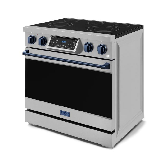 Gordon Ramsay by THOR Kitchen Package - 36" Electric Range, 30" Refrigerator with Ice Maker and Dishwasher in Stainless Steel with Navy Blue Accents, AP-RSE36-BLU-1