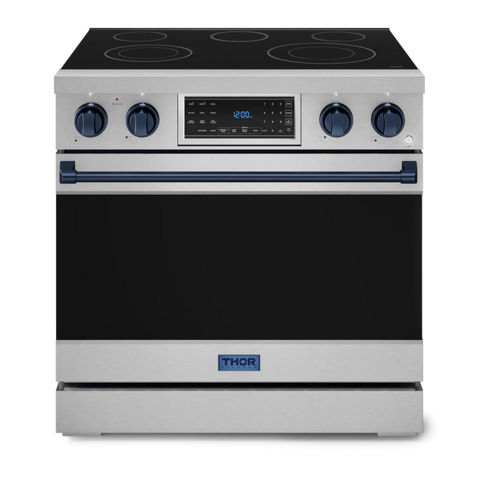 Gordon Ramsay by THOR Kitchen Package - 36" Electric Range, 30" Refrigerator with Ice Maker and Dishwasher in Stainless Steel with Navy Blue Accents, AP-RSE36-BLU-1
