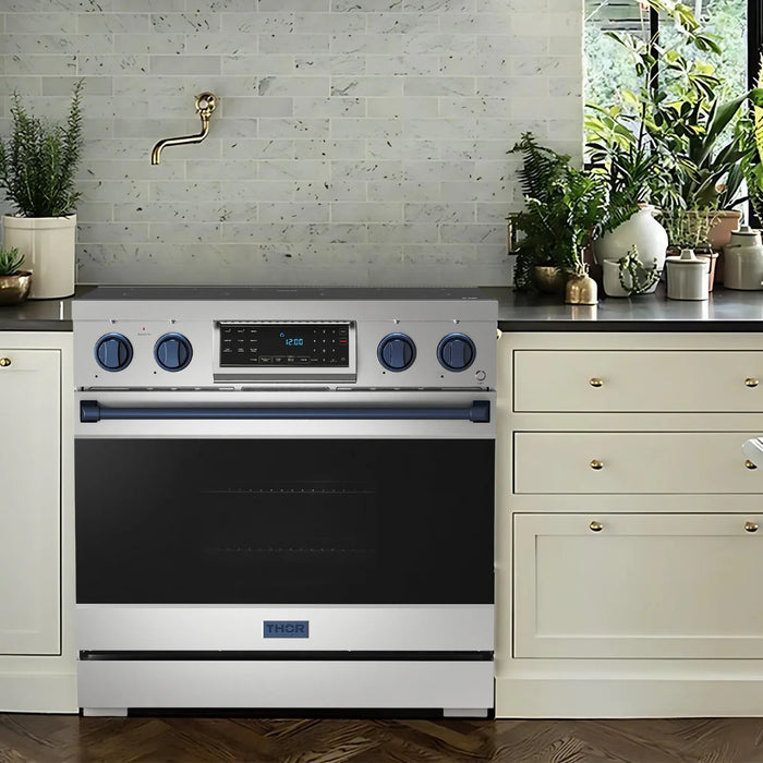 Gordon Ramsay by THOR Kitchen Package - 36" Electric Range, 36" Refrigerator with Ice Maker and Dishwasher in Stainless Steel with Navy Blue Accents, AP-RSE36-BLU-2