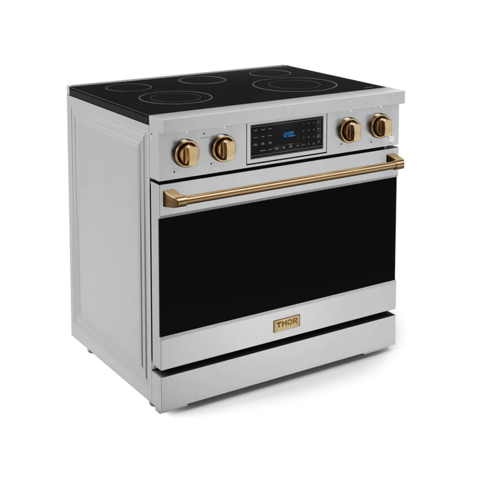 Gordon Ramsay by THOR Kitchen Package - 36" Electric Range, 36" Refrigerator with Ice Maker and Dishwasher in Stainless Steel with Bronze Accents, AP-RSE36-BRZ-2
