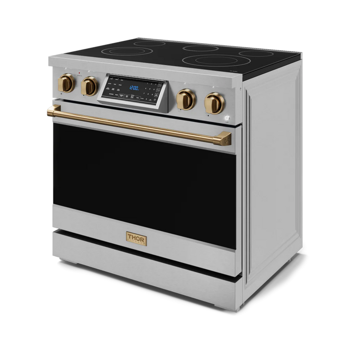 Gordon Ramsay by THOR Kitchen Package - 36" Electric Range, 36" Refrigerator with Ice Maker and Dishwasher in Stainless Steel with Bronze Accents, AP-RSE36-BRZ-2