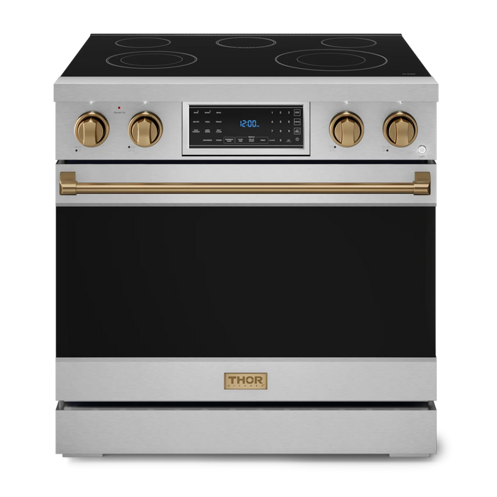 Gordon Ramsay by THOR Kitchen Package - 36" Electric Range, 36" Refrigerator with Ice Maker and Dishwasher in Stainless Steel with Bronze Accents, AP-RSE36-BRZ-2
