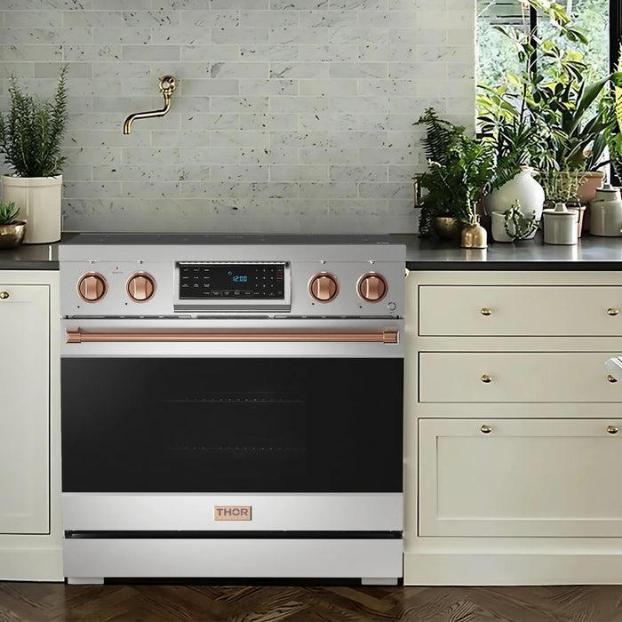 Gordon Ramsay by THOR Kitchen Package - 36" Electric Range, 36" Refrigerator with Ice Maker and Dishwasher in Stainless Steel with Rose Gold Accents, AP-RSE36-RSG-2