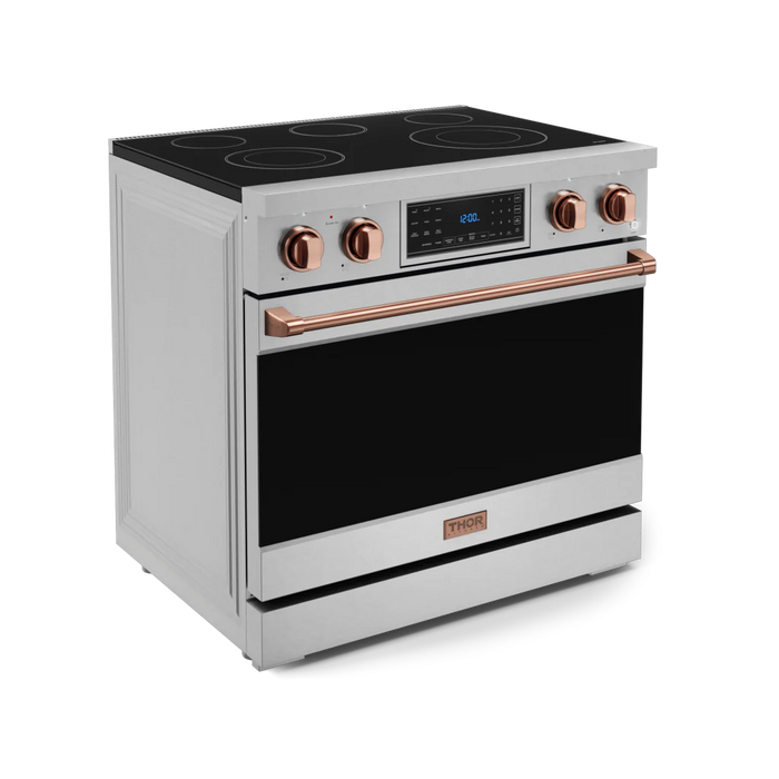 Gordon Ramsay by THOR Kitchen Package - 36" Electric Range, 36" Refrigerator with Ice Maker and Dishwasher in Stainless Steel with Rose Gold Accents, AP-RSE36-RSG-2