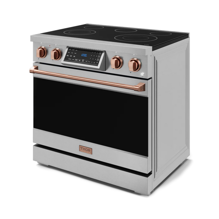 Gordon Ramsay by THOR Kitchen Package - 36" Electric Range, 36" Refrigerator with Ice Maker and Dishwasher in Stainless Steel with Rose Gold Accents, AP-RSE36-RSG-2