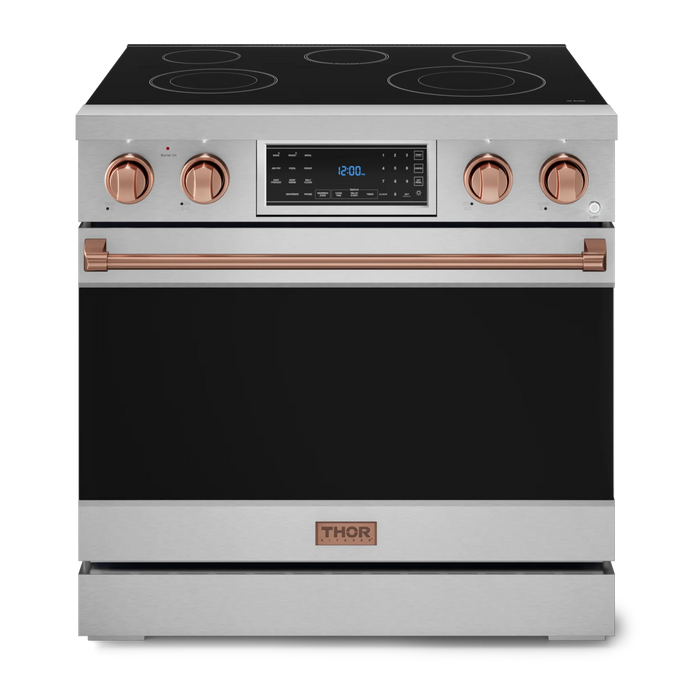 Gordon Ramsay by THOR Kitchen Package - 36" Electric Range, 36" Refrigerator with Ice Maker and Dishwasher in Stainless Steel with Rose Gold Accents, AP-RSE36-RSG-2