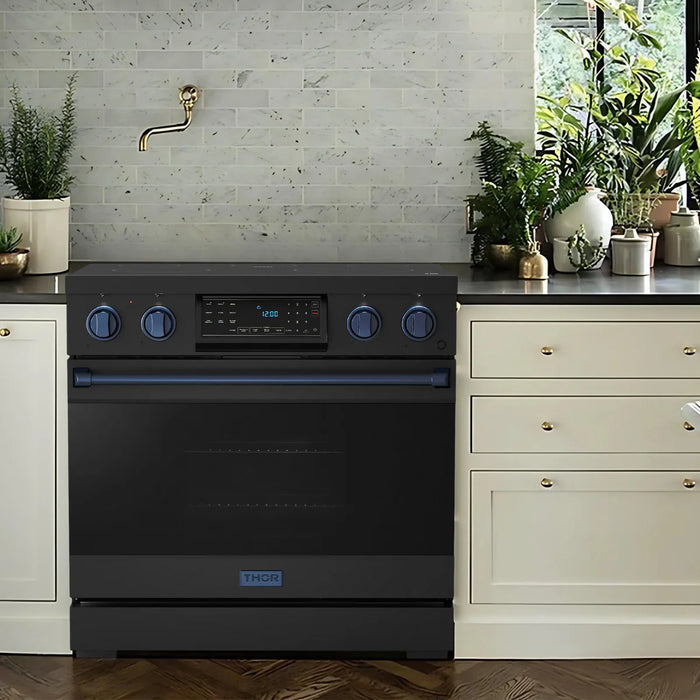 Gordon Ramsay by THOR Kitchen Package - 36" Electric Range, 36" Refrigerator with Ice Maker and Dishwasher in Black Matte with Navy Blue Accents, AP-RSE36B-BLU-2