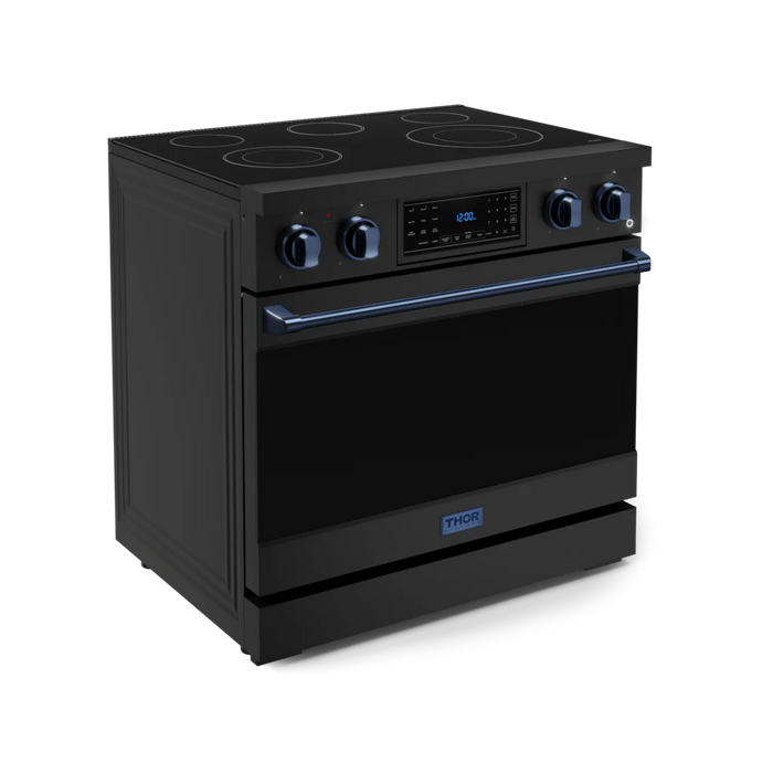 Gordon Ramsay by THOR Kitchen Package - 36" Electric Range, 36" Refrigerator with Ice Maker and Dishwasher in Black Matte with Navy Blue Accents, AP-RSE36B-BLU-2