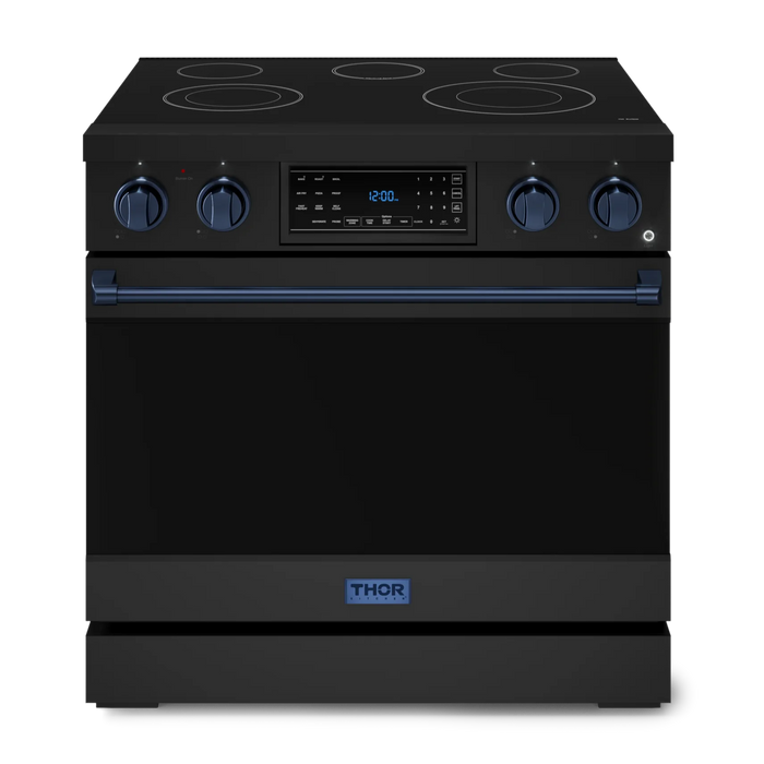 Gordon Ramsay by THOR Kitchen Package - 36" Electric Range, 36" Refrigerator with Ice Maker and Dishwasher in Black Matte with Navy Blue Accents, AP-RSE36B-BLU-2